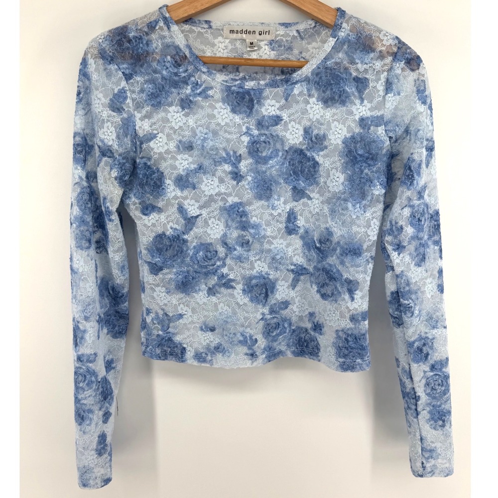 Madden Girl Y2K Blue Floral Lace Mesh Long Sleeve Crop Top Size M